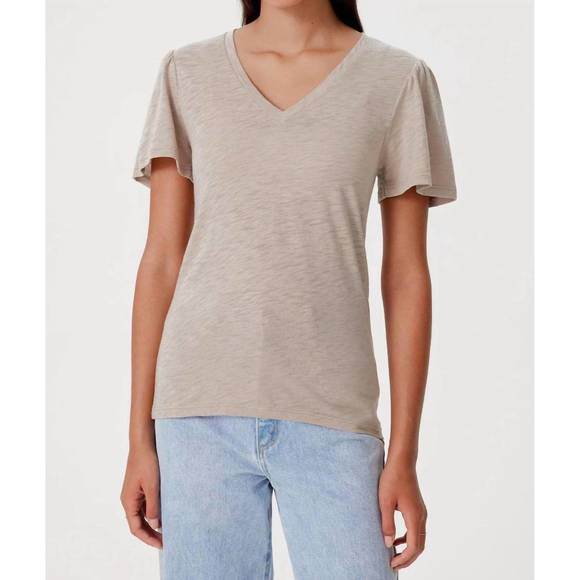 NEW GOLDIE signature slub flutter sleeve v neck tee in beige - Picture 1 of 2